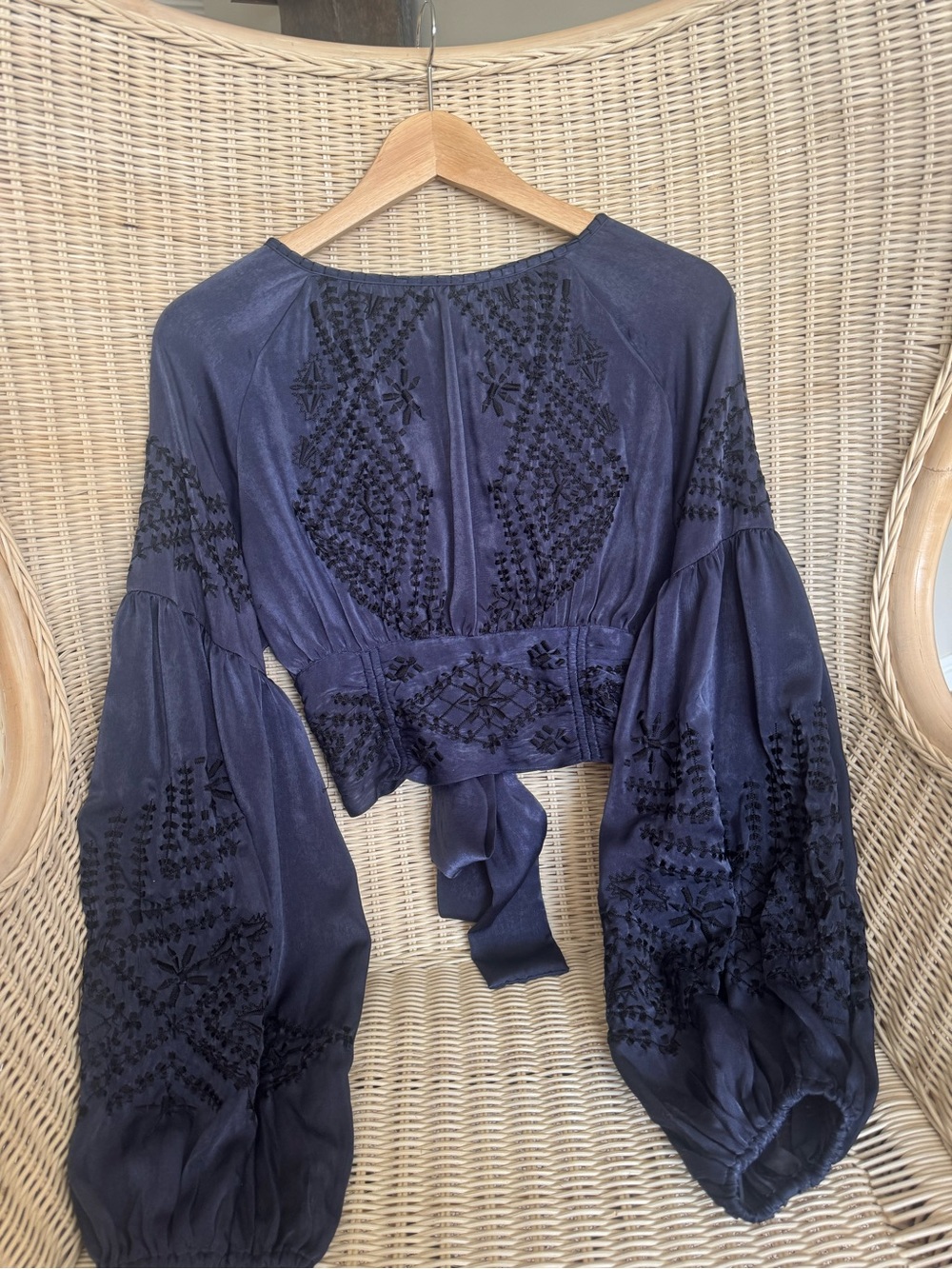 Free People Navy Embroidered Balloon-Sleeve Blouse